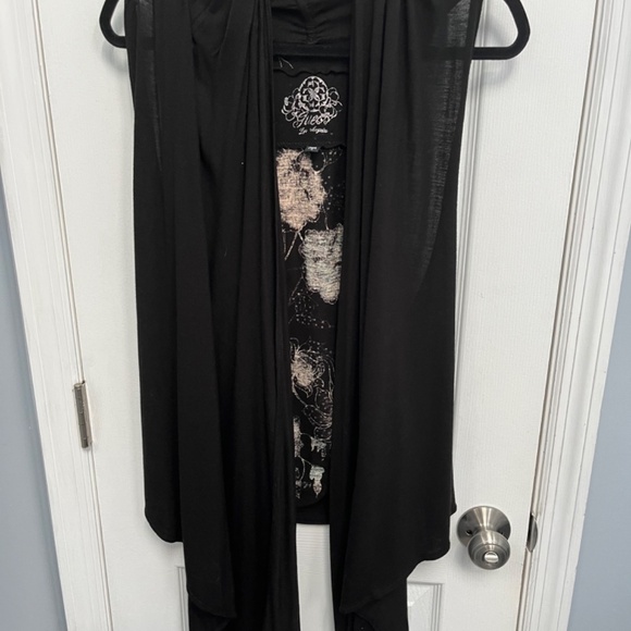 GUESS floral sleeveless open front/Hi low Draped Cardigan Vest black M Y2K - Picture 9 of 12